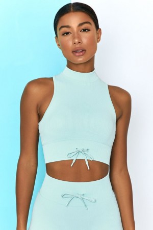 Light Blue Oh Polly Miles Ahead Ribbed High Neck Crop Top | TBYF-08971