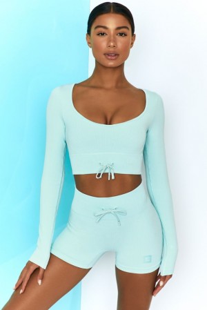 Light Blue Oh Polly Time Check Ribbed Long Sleeve Crop Top | QLIR-65042