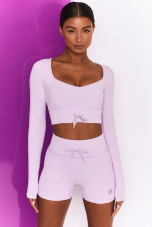 Lilac Oh Polly Time Check Ribbed Long Sleeve Crop Top | UAPT-71546