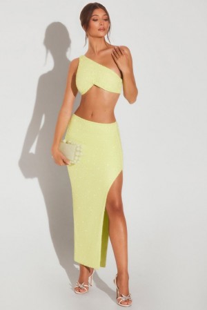 Lime Green Oh Polly Trieste Embellished Side Split Maxi Skirt | GKRW-52374