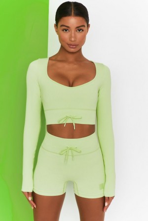 Lime Oh Polly Time Check Ribbed Long Sleeve Crop Top | OQKC-90712