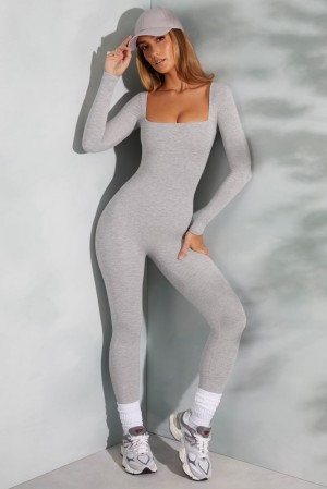 Marled Grey Oh Polly Delanie Petite Square Neck Long Sleeve Jumpsuit | GKMU-90782