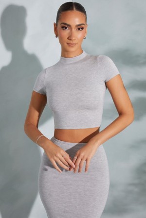 Marled Grey Oh Polly Irie Contrast Stitch Turtleneck Crop Top | QBUH-28507