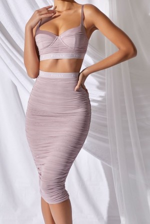 Mauve Oh Polly Get Low Ruched Bodycon Midi Skirt | XCGY-09468