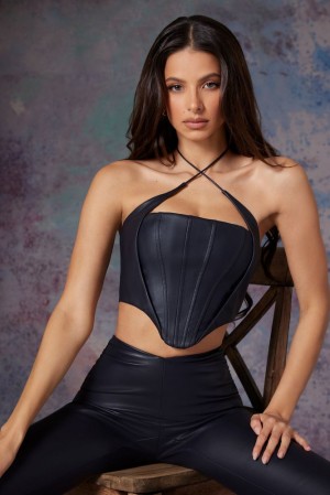 Midnight Black Oh Polly Amdis Vegan Leather Corset Crop Top | QRED-82046