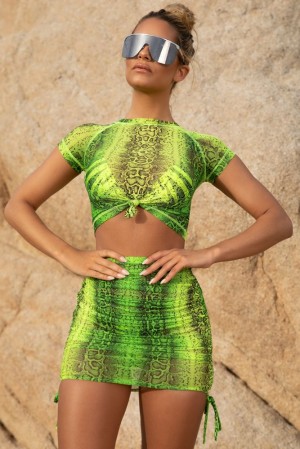 Neon Green Oh Polly Pretty Python Snake Print Mesh Ruched Mini Skirt | POED-25813