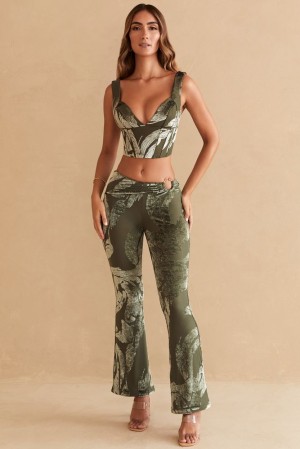 Olive Print Oh Polly Defne Ring Detail Bootleg Trousers | PTKQ-32691