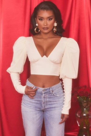 Oyster White Oh Polly Diamond Heart Plunge Neck Puff Sleeve Crop Top | JKUF-23896