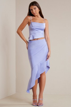 Periwinkle Oh Polly Vivi Bias Cut Satin Asymmetric Maxi Skirt | RCYG-10325