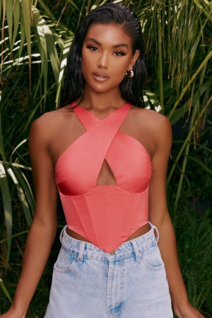 Pink Oh Polly Hand On Heart Satin Keyhole Corset Crop Top | FBZT-85263