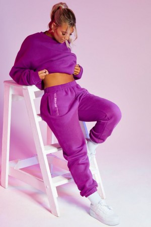 Purple Oh Polly Cool Down Full Length Loose Fit Joggers With Branding | LKIR-06987