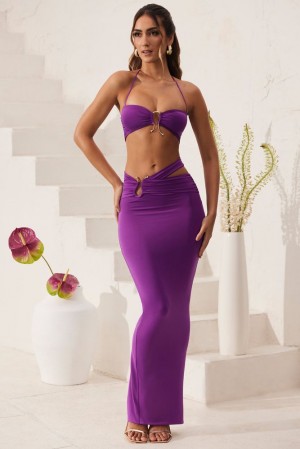 Purple Oh Polly Sylas Ruched Waist Hardware Detail Maxi Skirt | EKBI-21593