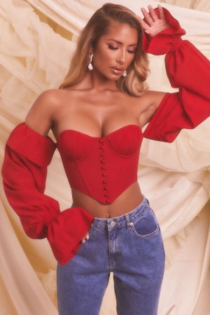 Red Oh Polly Chasing Love Bardot Long Sleeve Crop Top | LNOP-79125