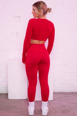 Red Oh Polly Express Yourself Ribbed Long Sleeve Crop Top | MLYE-49851