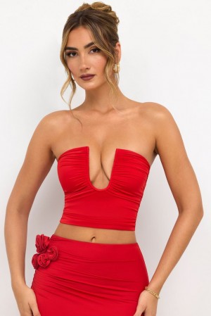 Scarlet Red Oh Polly Eevi Premium Jersey Strapless Plunge Neck Top | DKEH-10365