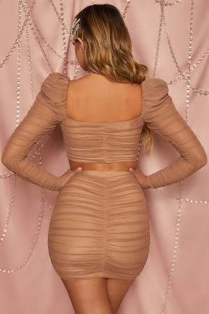 Tan Oh Polly Heaven Sent Ruched Mesh Bodycon Mini Skirt | XFNP-29170