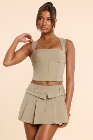 Taupe Oh Polly Maize Brushed Twill Mid Rise Pleated Micro Mini Skirt | YEJW-32490