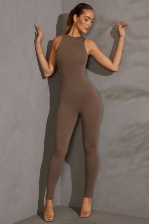 Taupe Oh Polly Vida Petite Racer Neck Jumpsuit | JWXN-43058