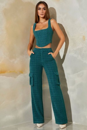 Teal Oh Polly Hendrix Petite Tweed Straight Leg Cargo Trousers | DVUI-62084