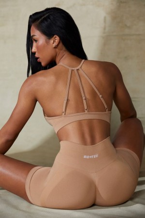 Warm Taupe Oh Polly Flex High Neck Open Back Define Luxe Sports Bra | OFWE-72860