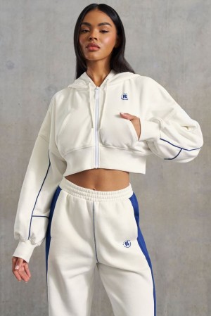 White Oh Polly Ambition Waffle Lined Cropped Zip Up Hooded Jacket | UGAJ-89250