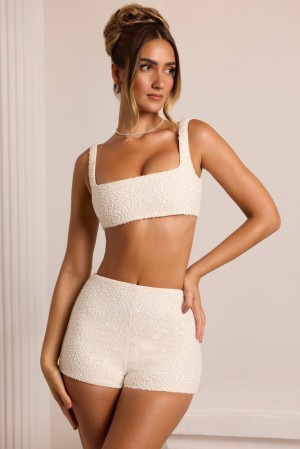 White Oh Polly Chambord Embellished High Waist Hot Pant Shorts | ALND-91623