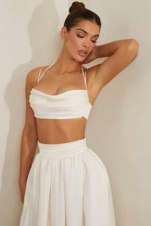 White Oh Polly Dulcie Cowl Neck Heavy Satin Crop Top | RHUP-61539