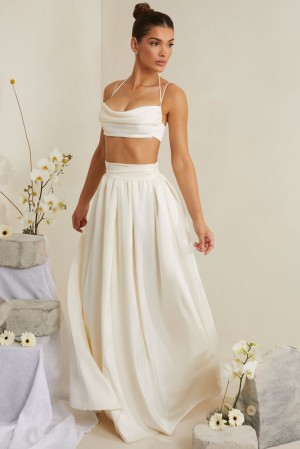 White Oh Polly Edyta Pleated Heavy Satin Maxi Skirt | PHWV-02967