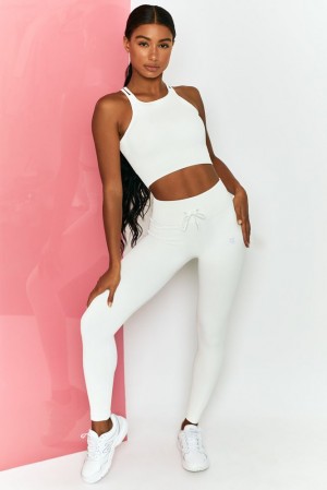 White Oh Polly Energise Ribbed Tie Front Full Length Leggings | VBFW-09536