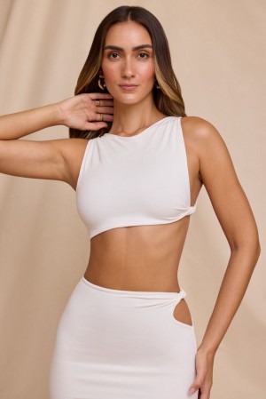 White Oh Polly Tatum High Neck Twist Crop Top | RHIB-53079