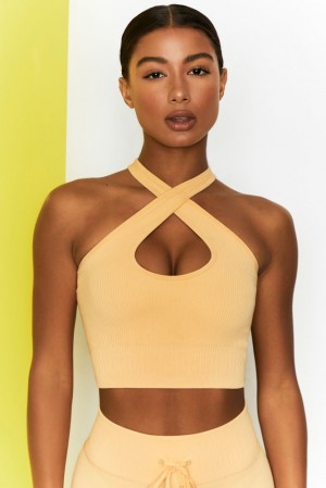 Yellow Oh Polly Adapt Ribbed Halter Crop Top | KFTX-06528