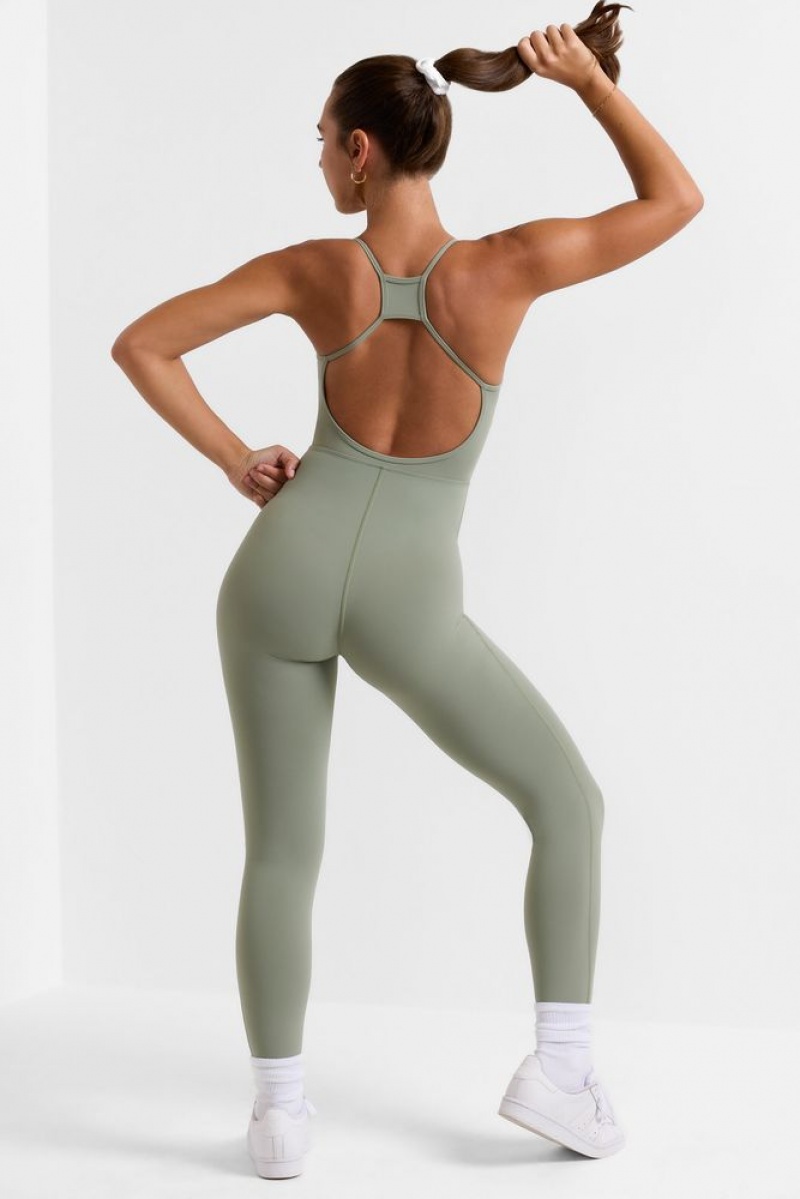 Bamboo Green Oh Polly Ace Open Back Full Length Unitard | LKZB-49205