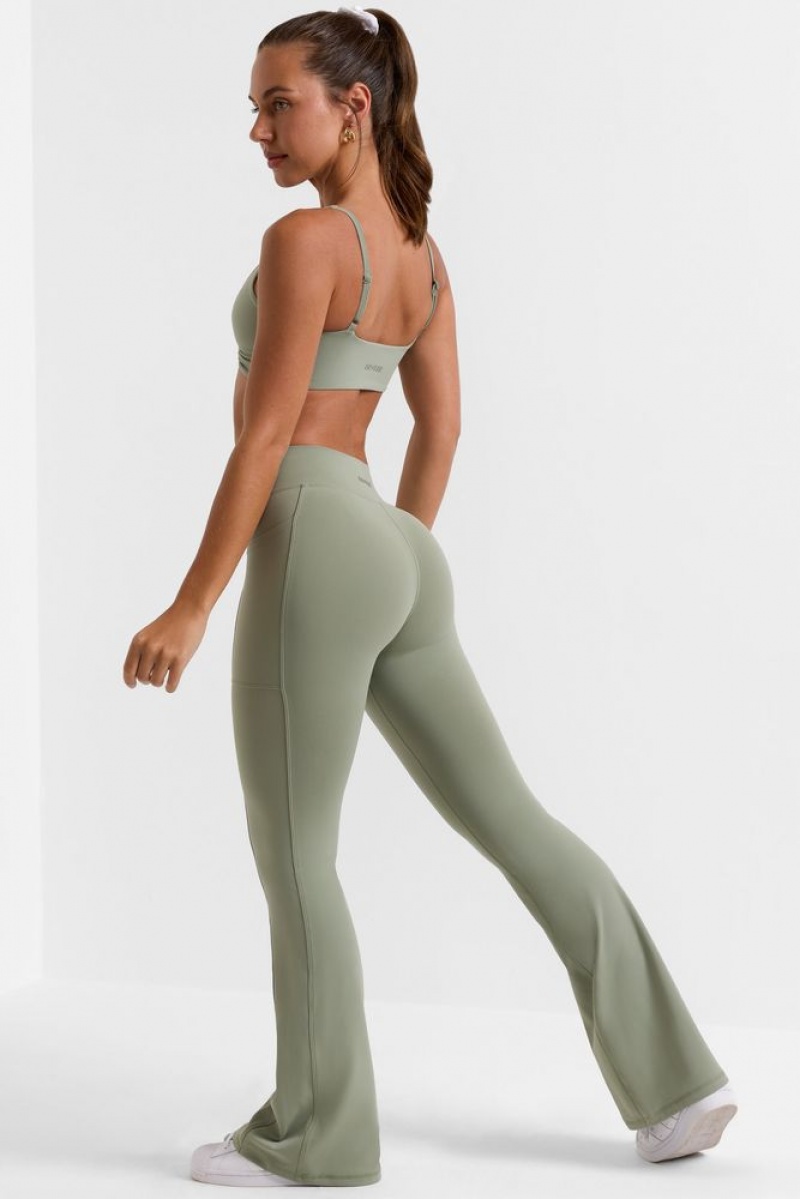 Bamboo Green Oh Polly Match Petite Cross Waistband Flare Pocket Leggings | ELSZ-86702