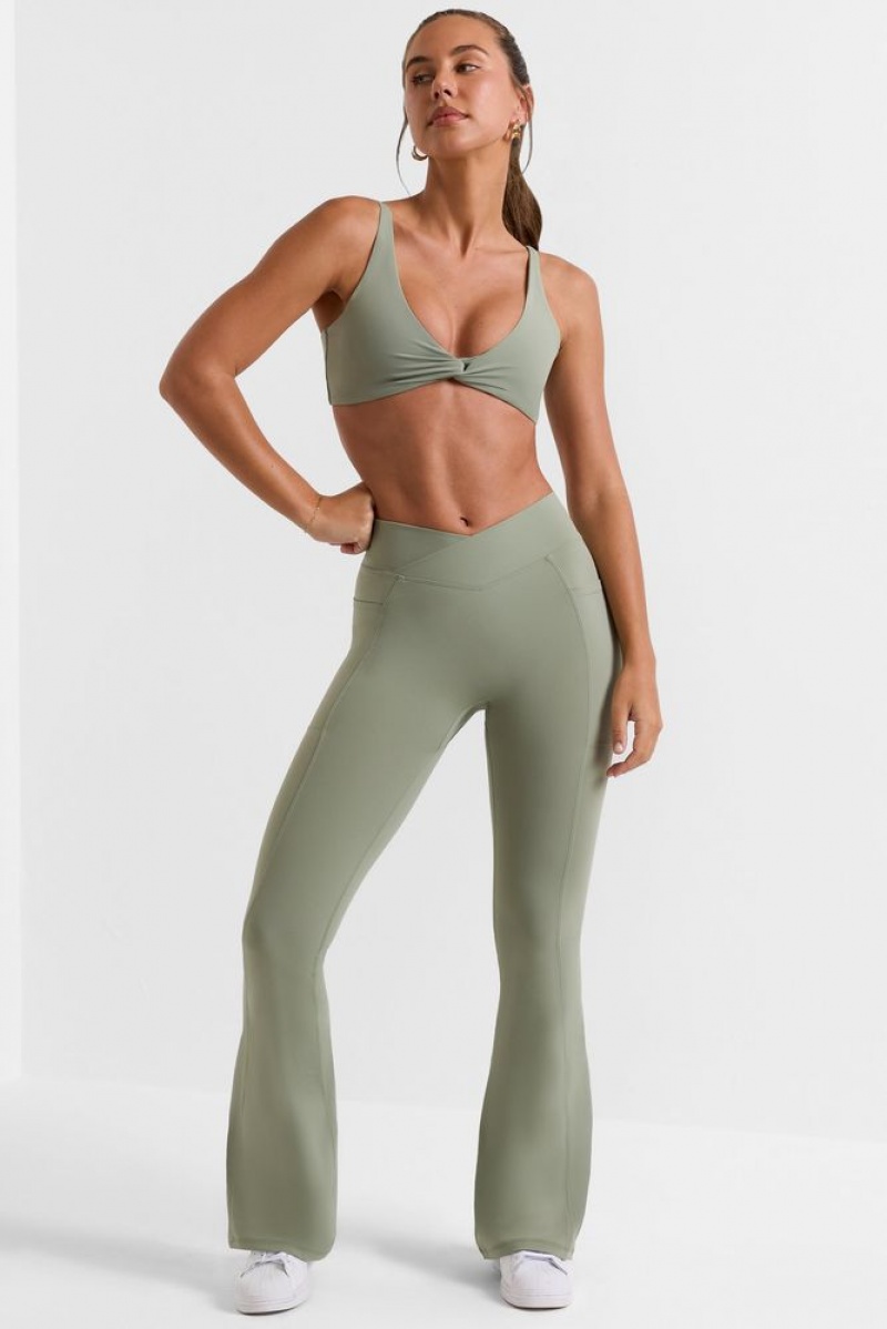 Bamboo Green Oh Polly Match Petite Cross Waistband Flare Pocket Leggings | ELSZ-86702