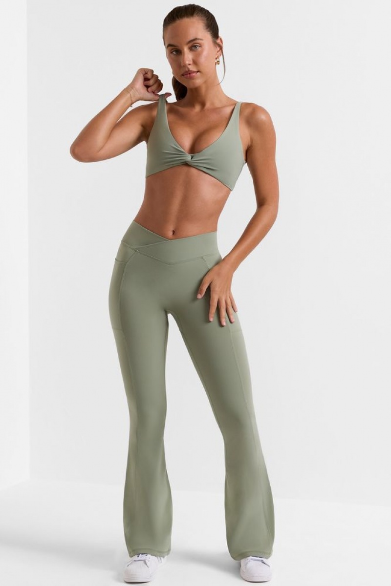 Bamboo Green Oh Polly Match Petite Cross Waistband Flare Pocket Leggings | ELSZ-86702