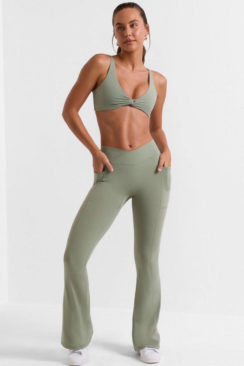 Bamboo Green Oh Polly Match Petite Cross Waistband Flare Pocket Leggings | ELSZ-86702