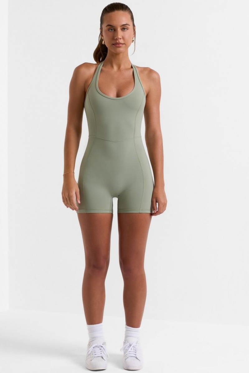 Bamboo Green Oh Polly On Court Halterneck Short Unitard | KDSU-02716