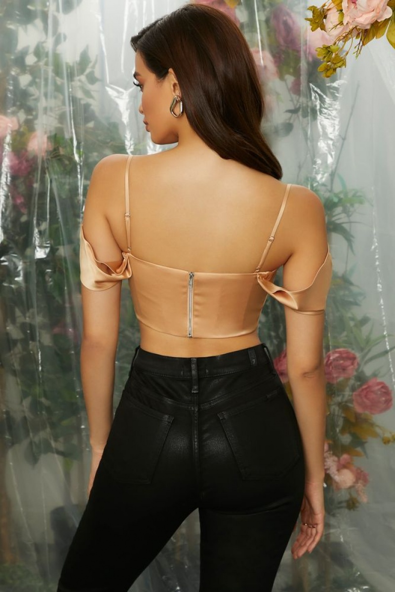 Beige Oh Polly Breathless Off The Shoulder Cowl Neck Corset Crop Top | QDBE-93728