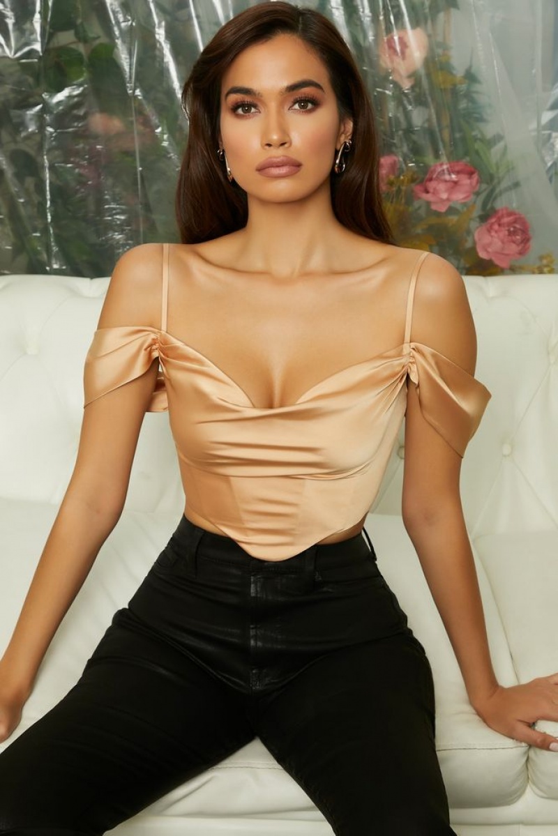 Beige Oh Polly Breathless Off The Shoulder Cowl Neck Corset Crop Top | QDBE-93728