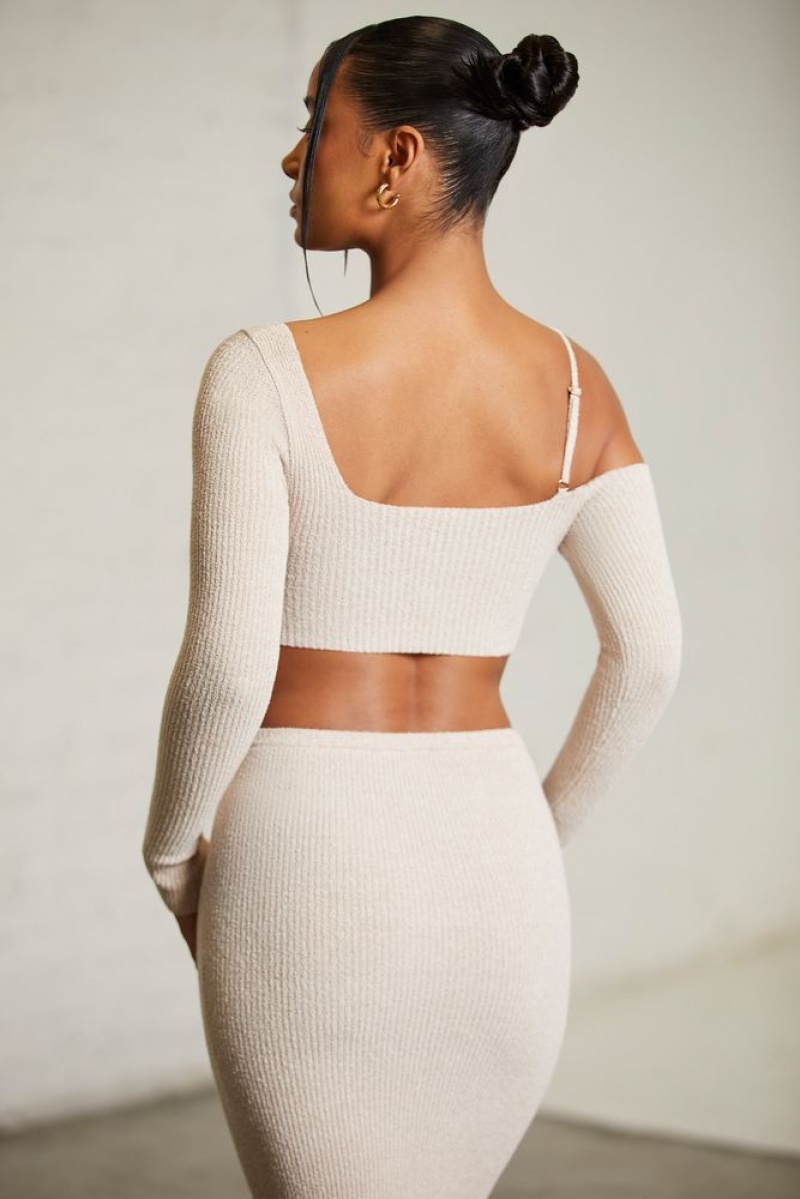 Beige Oh Polly Dagny Asymmetric Long Sleeve Crop Top | LICK-89071