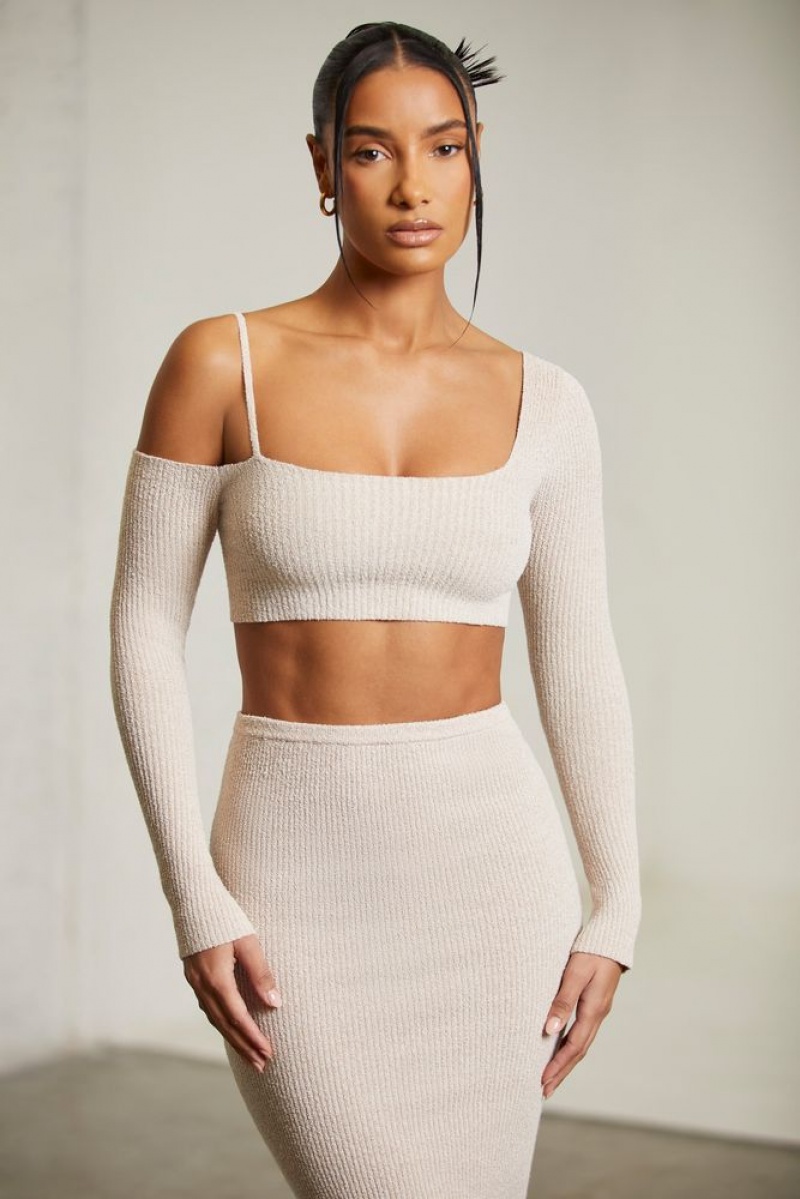 Beige Oh Polly Dagny Asymmetric Long Sleeve Crop Top | LICK-89071