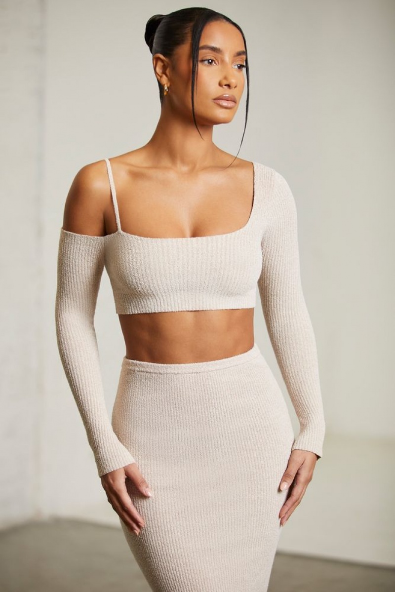 Beige Oh Polly Dagny Asymmetric Long Sleeve Crop Top | LICK-89071