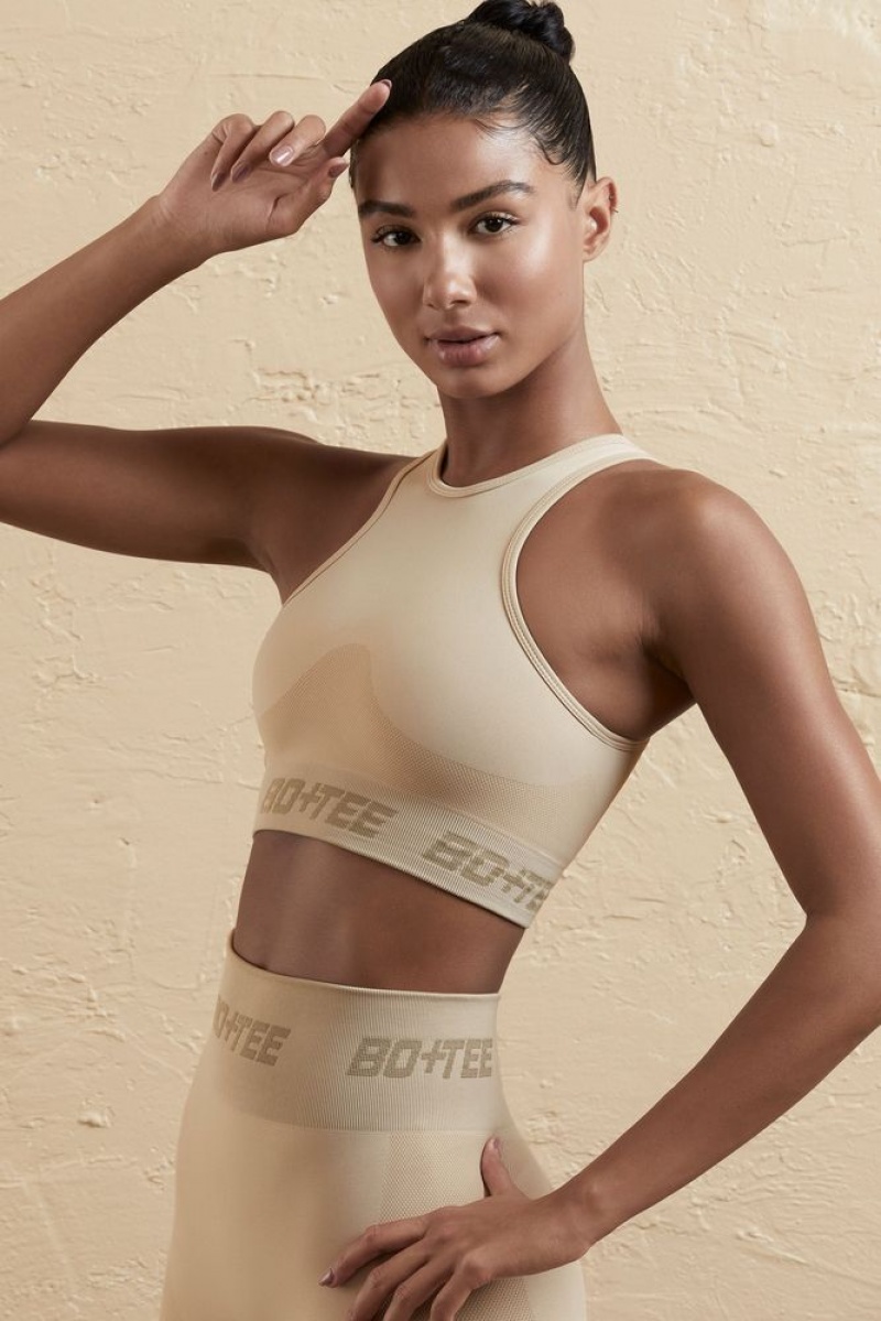 Beige Oh Polly Knockout Seamless Racerback Crop Top | LPGX-78325