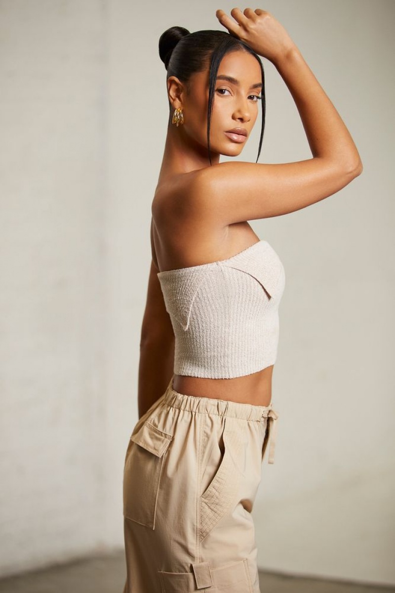 Beige Oh Polly Oran Overlap Bandeau Crop Top | IZDJ-80971