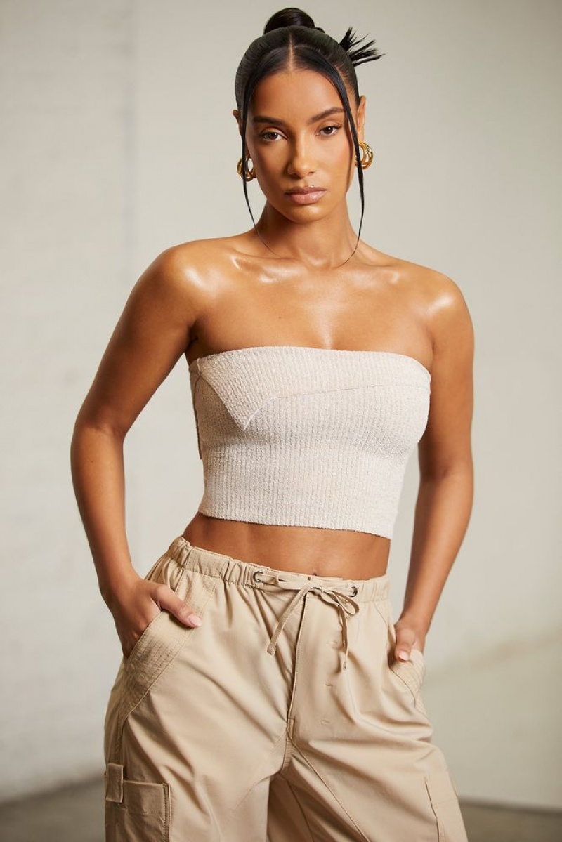 Beige Oh Polly Oran Overlap Bandeau Crop Top | IZDJ-80971