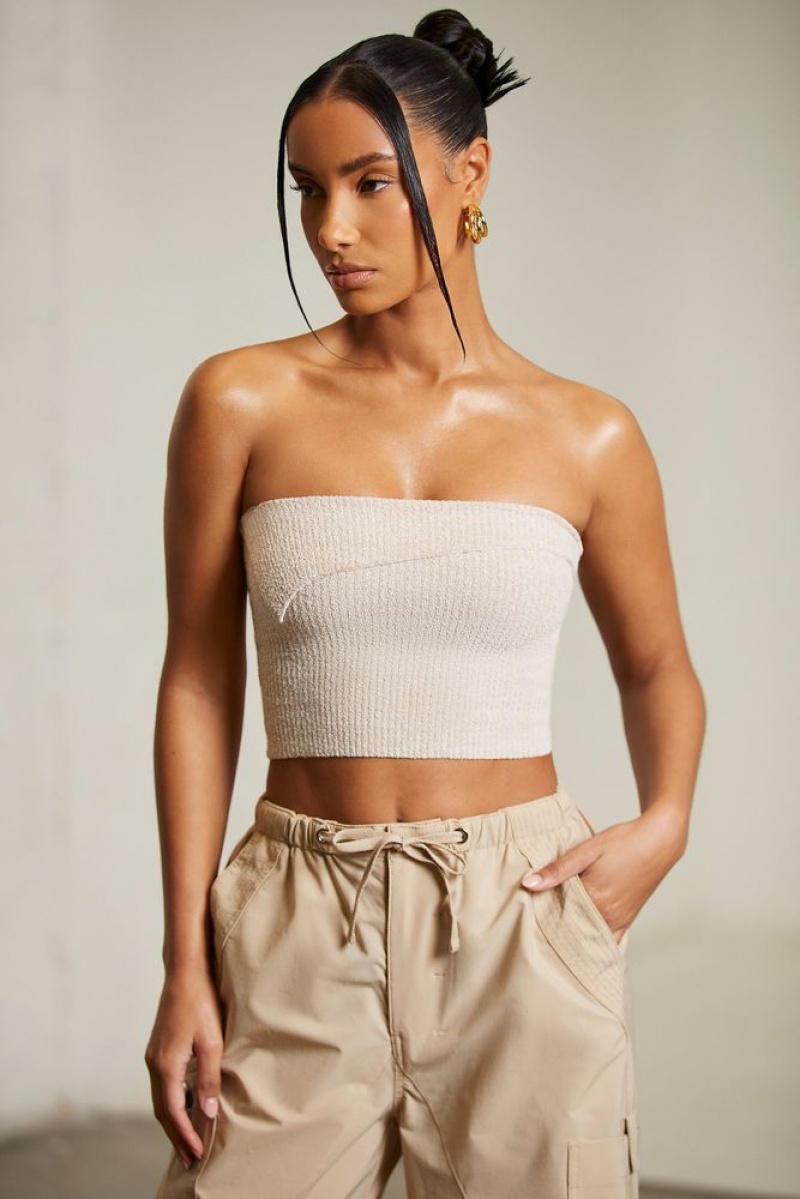 Beige Oh Polly Oran Overlap Bandeau Crop Top | IZDJ-80971