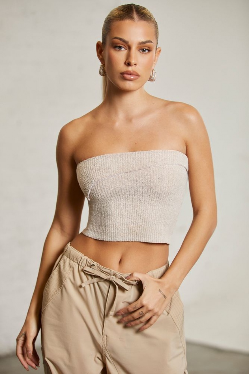 Beige Oh Polly Oran Overlap Bandeau Crop Top | IZDJ-80971