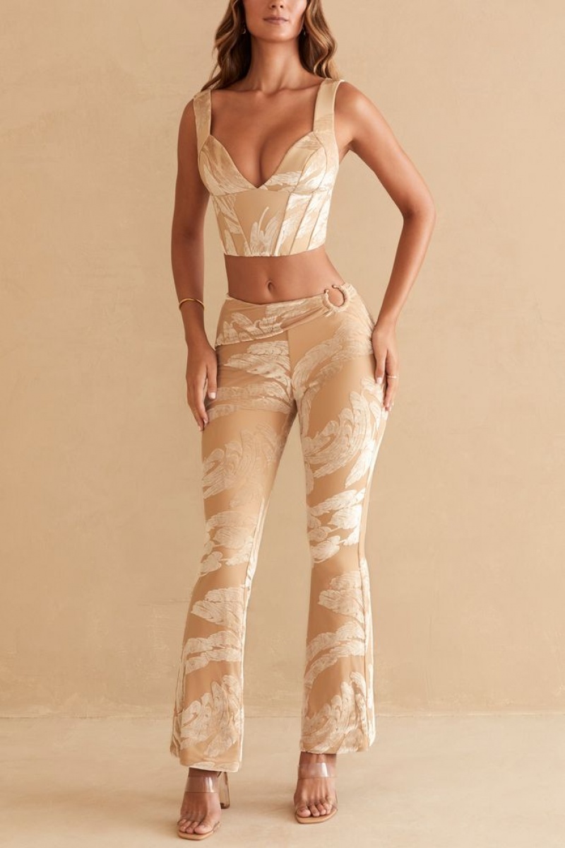 Beige Print Oh Polly Defne Ring Detail Bootleg Trousers | SJNP-42158