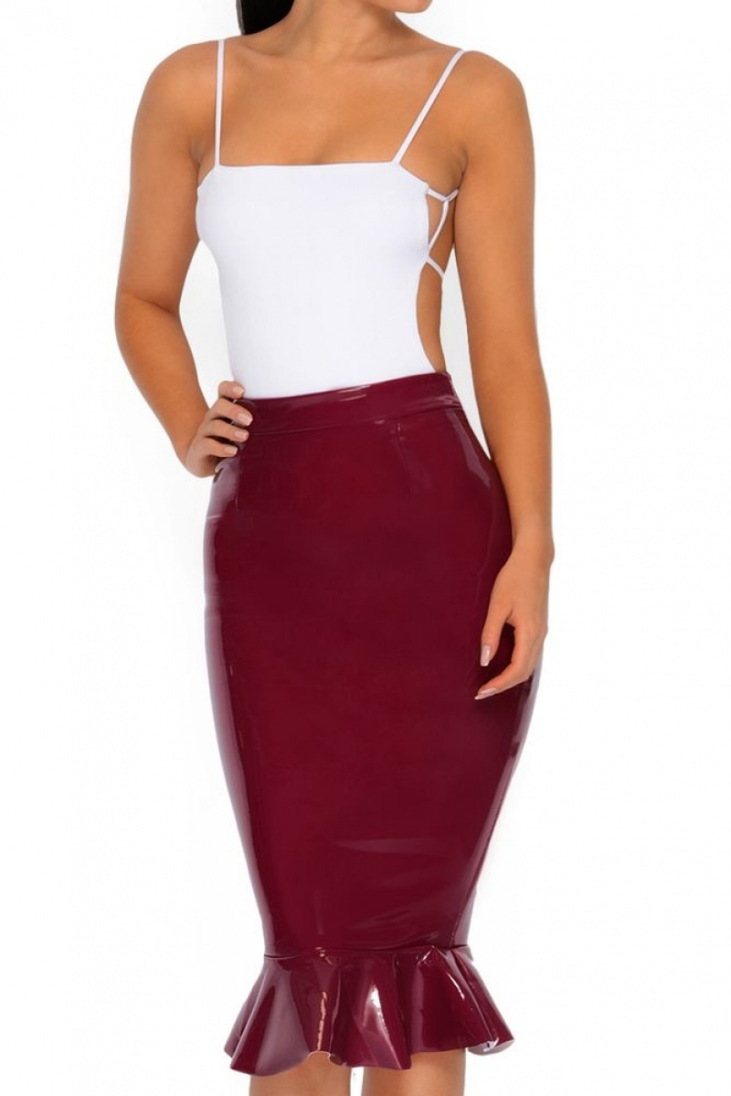 Berry Oh Polly Frilled to Pieces Vinyl Midi Skirt | FXDP-79105