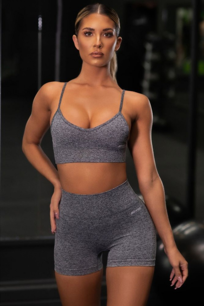 Black Marl Oh Polly Empower Seamless V Neck Sports Bra | YKNQ-70928